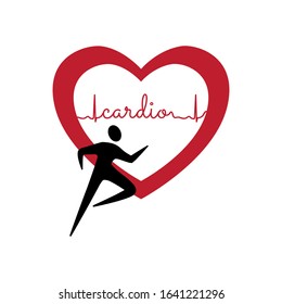 abstract runner in front of red heart with word cardio as a part of cardiogram line, vector