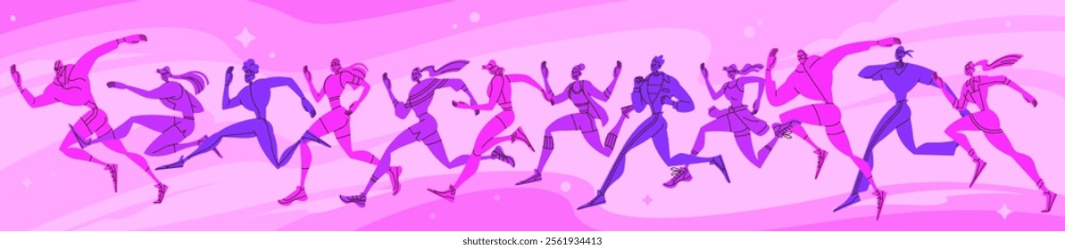 Abstract runner. Run people, group of sports. Character marathon, jogging men and women, successful competition, rapid achievement, dynamic person. Vector line cartoon flat isolated illustration