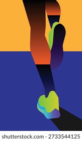 Abstract runner silhouette with vibrant gradient legs against bold color blocks.