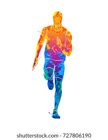 Abstract runners on short distances sprinter from splash of watercolors. Vector illustration of paints.