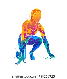 Abstract runners on short distances sprinter from splash of watercolors. Vector illustration of paints.