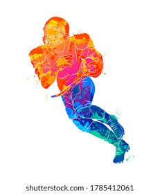 Abstract running American football player from splash of watercolors. Vector illustration of paints