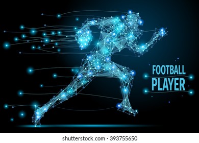 Abstract running footballer with cybernetic particles. Polygonal digital background. Point and curve constructed the football player silhouette wireframe. 