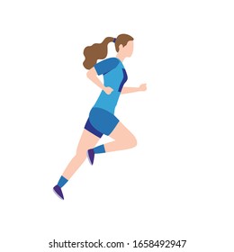 Abstract running girl in blue clothes, in a flat style. Vector graphics. Getting ready for spring.