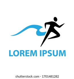 abstract running human figure with blue ocean wave in behind, vector logo template