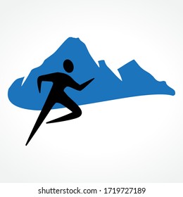 abstract running human figure with blue mountain in behind, vector