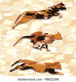 Abstract running and jumping textured animals from cats family background. Vector.