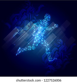 Abstrakter Laufmann Form Linien und Dreiecke, Punkt Verbindungsnetz auf blauem Hintergrund. Illustrationsvektor. Futuristische Design-Plakate.