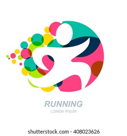 Abstract running man silhouette on multicolor dots background. Vector human logo, emblem, icon, label design elements. Concept for sports club, fitness, competition, marathon and healthy lifestyle.