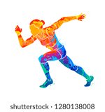 Abstract of a running woman short distance sprinter from splash of watercolors. Vector illustration of paints