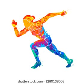 Abstract of a running woman short distance sprinter from splash of watercolors. Vector illustration of paints