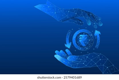 Abstract rupee currency money exchange. Two hands holding digital coin with circular arrows. Cash back metaphor. Money transfer or refund. Low poly vector illustration.