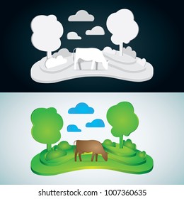 Abstract rural landscape with cow.
Cow grazing on meadow.
Vector illustration.