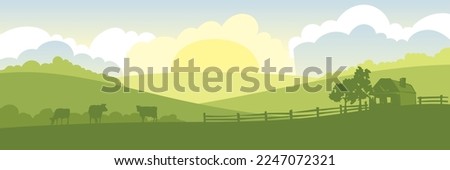 Abstract rural landscape with cows and farm house. Vector illustration, fields and meadows