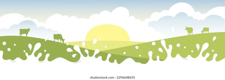 Abstract rural landscape with cows and milky river. Vector illustration, fields and meadows	