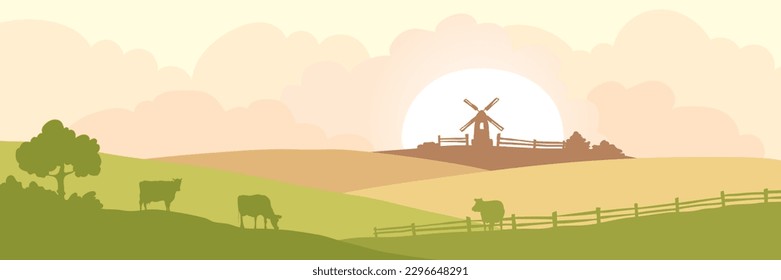 Abstract rural landscape with cows and mill. Vector illustration, fields, meadows, pastures.	