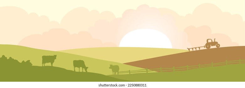 Abstract rural landscape with cows and plowing tractor. Vector illustration, fields and meadows	