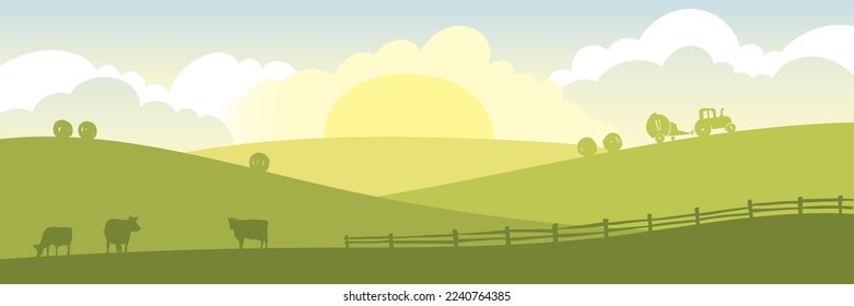 Resumen del paisaje rural con vacas y tractores. Ilustración de vectores, campos y praderas, recolección de forrajes	
