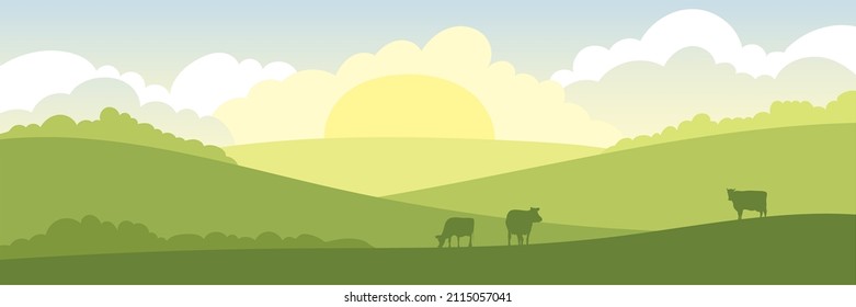 Abstract rural landscape with cows. Vector illustration, fields and meadows	