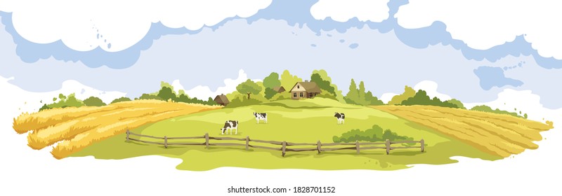 Abstract rural landscape with cows and village. Watercolor vector illustration, wheat fields and meadows.	