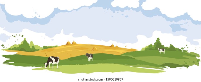 Abstract rural landscape with cows. Watercolor illustration, wheat fields and meadows.