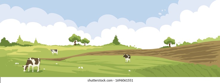 Abstract rural landscape with cows. Watercolor illustration, wheat fields and meadows