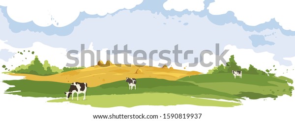 Abstract rural landscape with cows. Watercolor illustration, wheat fields and meadows.