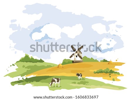 Abstract rural landscape with cows and windmill. Watercolor illustration, wheat fields and meadows	