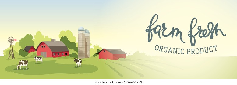 Abstract rural landscape with farm house. Vector illustration, fields and meadows and cow.	