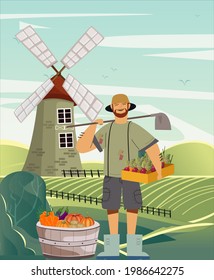 Abstract rural landscape with farm house. Vector illustration, fields and meadows.