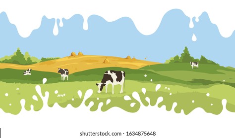 Abstract rural landscape with four cows. Vector illustration, fields and meadows with milk drops	