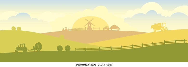 Resumen del paisaje rural: cosecha. Cosecha de máquinas agrícolas. Ilustración vectorial sobre el tema del grano, la harina y el pan.	