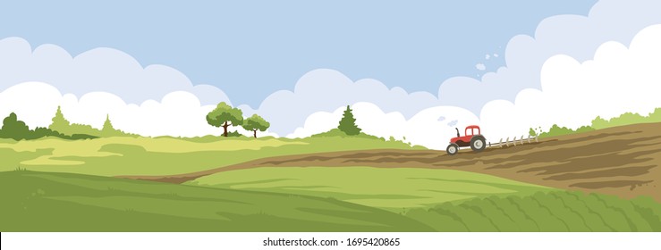 Abstract rural landscape. Watercolor illustration, tractor plows a field.