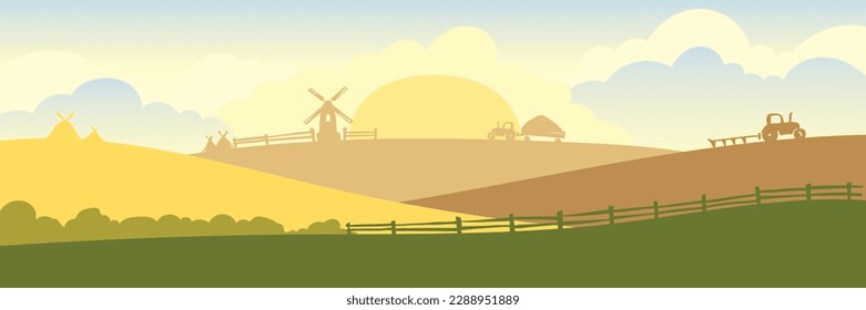 Resumen del paisaje rural. Ilustración acuarela, tractor arde un campo, molino de viento y pilas de trigo.	