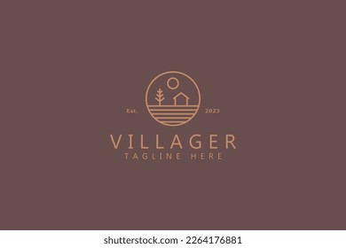 Abstract Rural Village Farm Field and Cottage Simple Outline Logo Badge Design