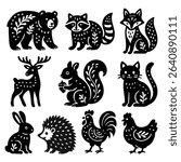 Abstract rustic folk shapes with animals. Ethnic folk stickers in scandinavian style. Boho animals silhouettes and floral patterns, doodle Scandinavian folk textile