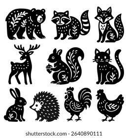 Abstract rustic folk shapes with animals. Ethnic folk stickers in scandinavian style. Boho animals silhouettes and floral patterns, doodle Scandinavian folk textile