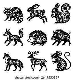 Abstract rustic folk shapes with animals. Ethnic folk stickers in scandinavian. Boho animals silhouettes and floral patterns, doodle Scandinavian folk textile.
