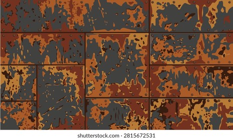 Abstract rusty metal brick wall texture with distressed industrial pattern in orange, brown, and dark gray.	
