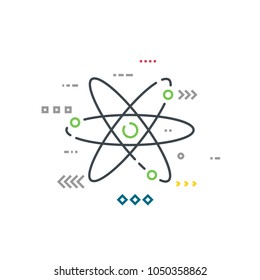 Abstract Rutherford-Bohr lithium atom model with three electron orbits. Quantum particles floating around. Physics particles logo. Atom vector model. Line style vector illustration.