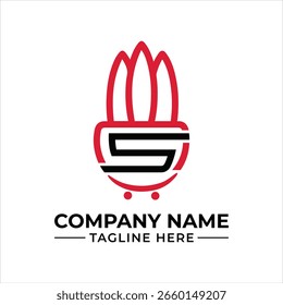 Diseño Abstractas del logotipo de la letra de S con tres pilares rojos y símbolo del Carrito de compras para la marca moderna de la compañía