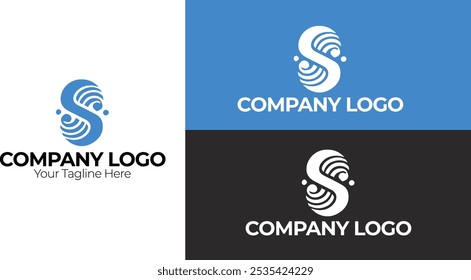 Abstract 'S' logo with curved lines and dots, available in blue and white variations. Ideal for modern corporate branding.