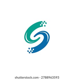 Abstract S logo design with blue and green digital pixel accents for technology and innovation