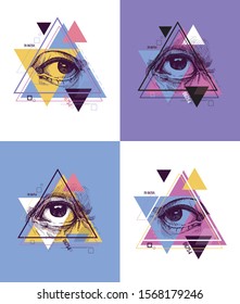 Abstract sacred geometrical symbol. Mystical emblem with eye. Hand drawn. Vector set.