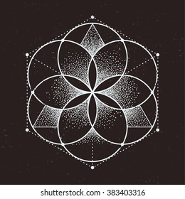Abstract sacred geometry. Geometric symmetric pattern isolated on dark background. Vector illustration.