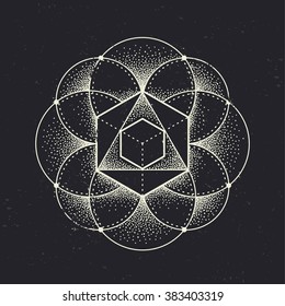 Abstract sacred geometry. Geometric symmetric pattern isolated on dark background. Vector illustration.