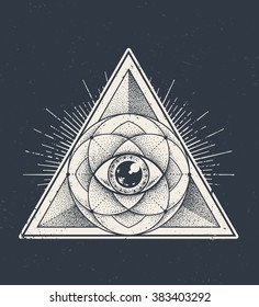 Abstract sacred geometry. Geometric triangle pattern on dark grunge background. Vector illustration.