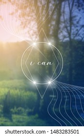 Abstract sacred geometry interlocking geometric shapes design template on colorful forest background