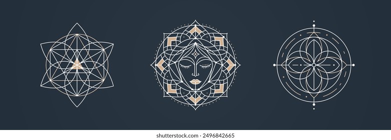 Colección Abstractas del Logotipo de Geometría Sagrada. Patrones geométricos místicos con mandalas, hexágonos y triángulos en el arte lineal minimalista para Diseños espirituales y esotéricos