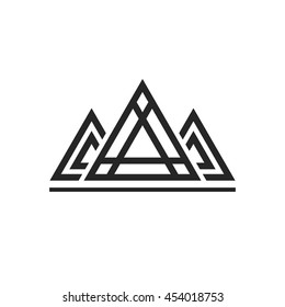 Abstract sacred geometry triangles logo sign isolated on white background, concept of royal king emblem, luxury constructions, pyramid shapes line art outline design